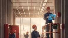 Fire alarm system workers installing a fire alarm