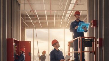 Fire alarm system workers installing a fire alarm