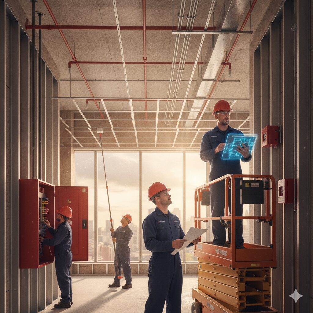 Fire alarm system workers installing a fire alarm