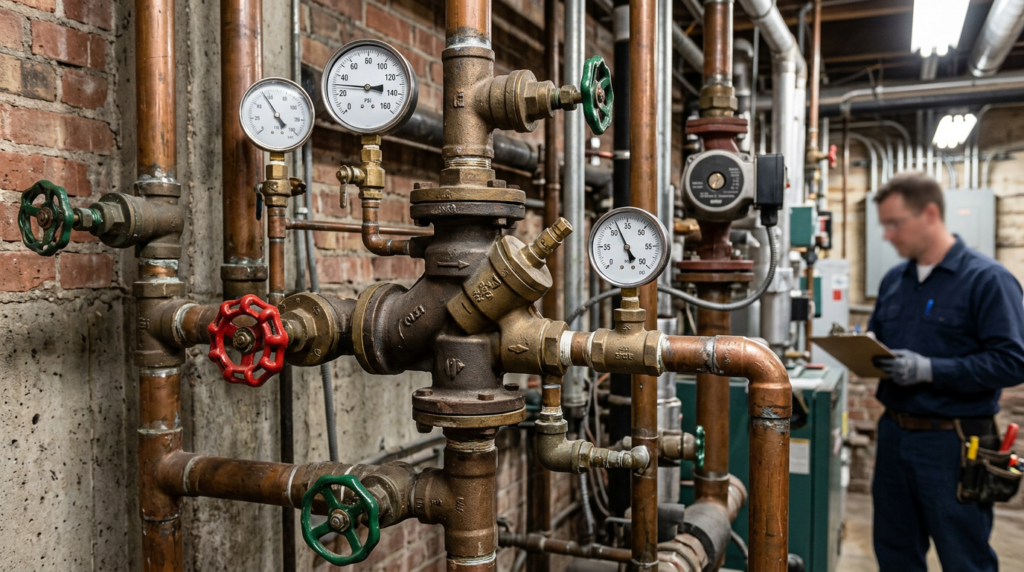 #1 Backflow Preventer Service in Las Vegas 8 Backflow Preventer Service commercial piping valves and gauges suggesting backpressure or backsiphonage risk