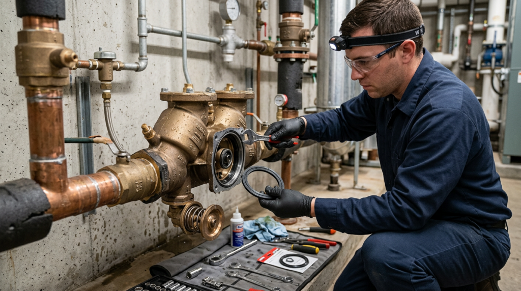 #1 Backflow Preventer Service in Las Vegas 7 Backflow Preventer Service technician repairing or servicing a backflow preventer assembly