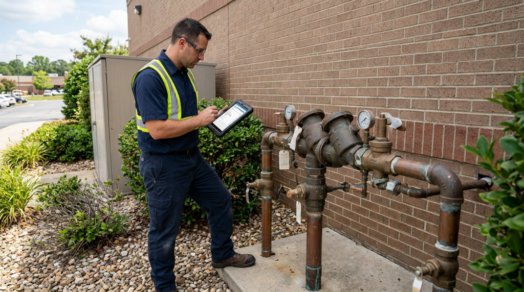 #1 Backflow Preventer Service in Las Vegas 11 Backflow Preventer Service technician reviewing a backflow assembly with a tablet before service