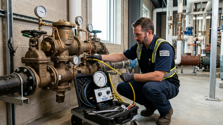 Backflow Preventer Service technician performing a backflow preventer test on a commercial assembly