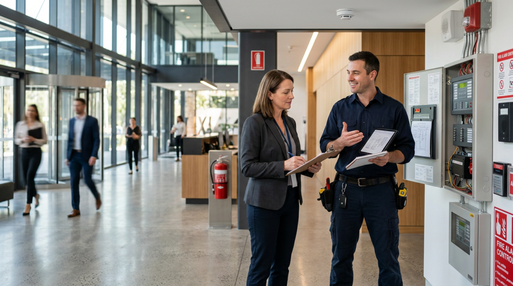 Fire Alarm System technician discussing fire alarm needs with a facility manager