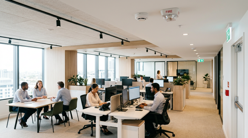 occupied commercial interior with visible fire alarm devices