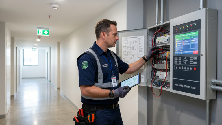Fire Alarm System technician inspecting a fire alarm control panel in a commercial building