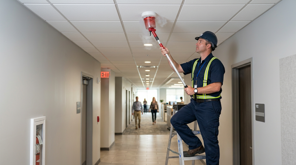 technician testing a smoke detector with professional test equipment