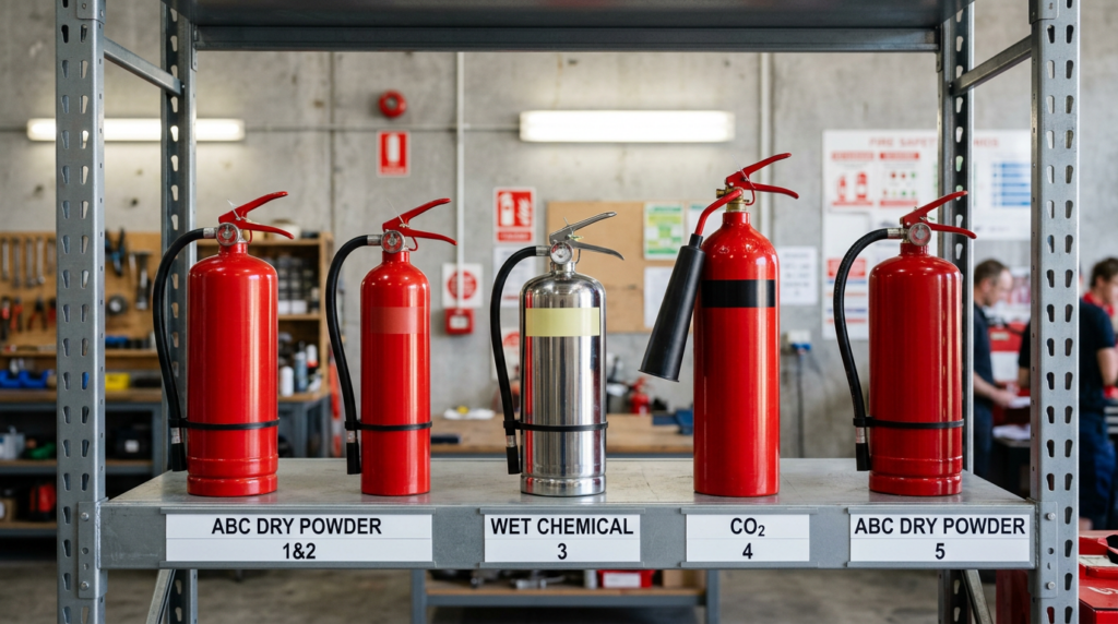 Fire Extinguisher Service different classes of fire extinguishers arranged in a service setting