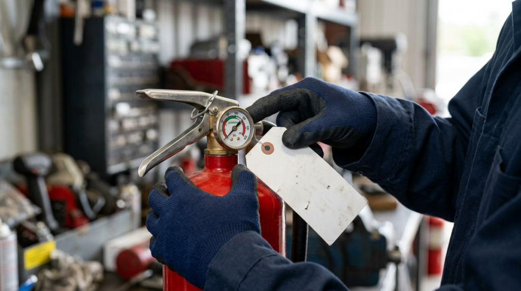 technician checking extinguisher gauge and service tag