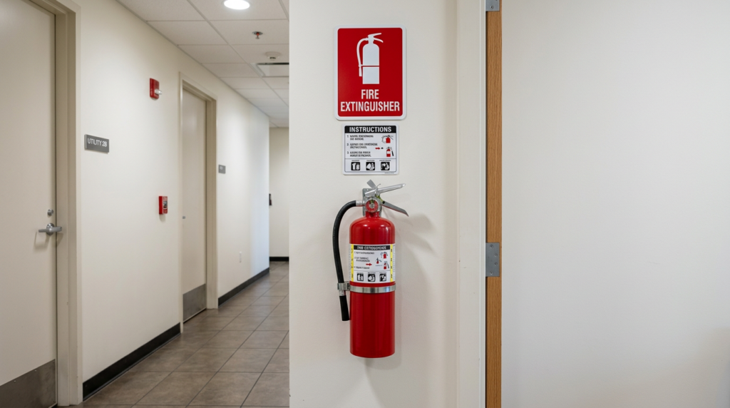 properly mounted fire extinguisher in a commercial hallway