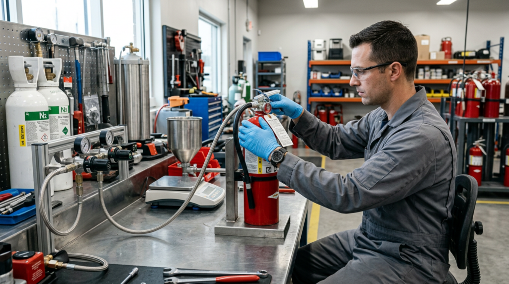technician performing extinguisher recharge or service work