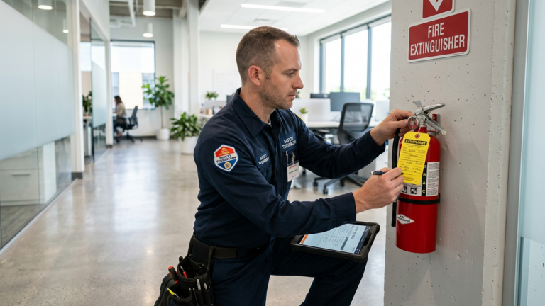 Fire Extinguisher Service technician inspecting a wall mounted fire extinguisher in a commercial setting