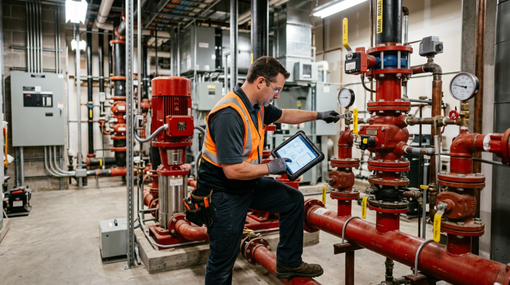 #1 Fire Protection Inspection Service in Las Vegas 7 Semi-Annual Inspection technician functionally testing an alarm device in a commercial property