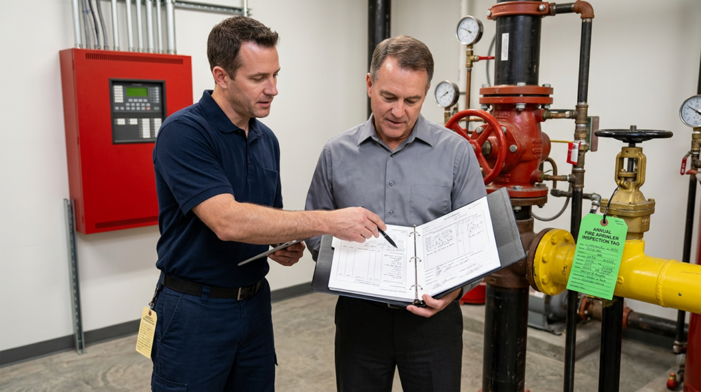 Fire protection maintenance service service report or compliance tags being reviewed after maintenance work