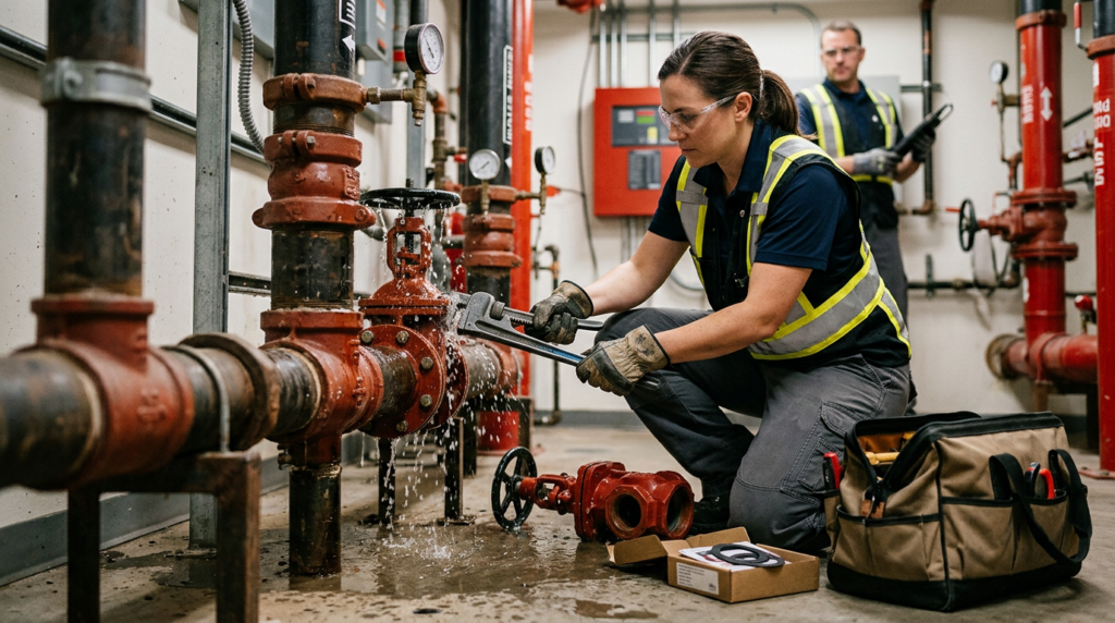 fire protection maintenance and repair technician repairing a leaking valve or failed component
