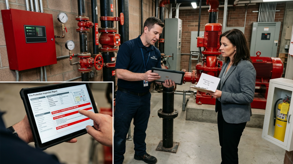 #1 Fire Protection Inspection Service in Las Vegas 9 Annual Inspection technician reviewing an inspection report with a client