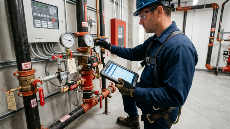 Fire Protection Inspection technician inspecting a sprinkler riser or alarm panel with a tablet