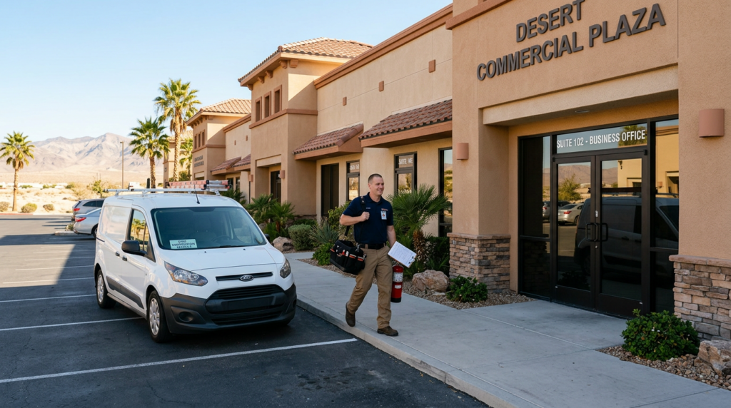 #1 Fire Protection Inspection Service in Las Vegas 8 Annual Inspection technician arriving for scheduled inspection service at a commercial property