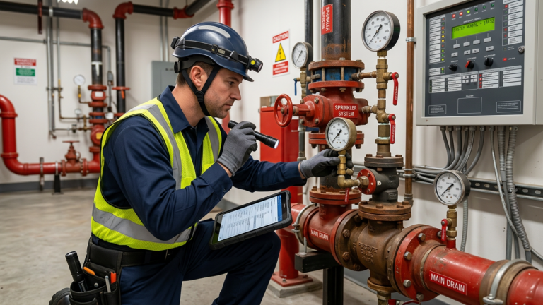 technician inspecting a valve assembly or fire alarm panel in a commercial building