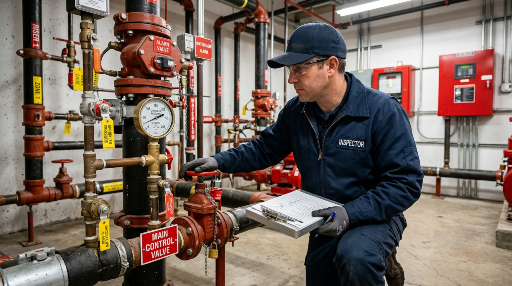 #1 Fire Protection Inspection Service in Las Vegas 6 Fire Protection Inspection Service technician checking a sprinkler valve or pressure gauge in a mechanical room