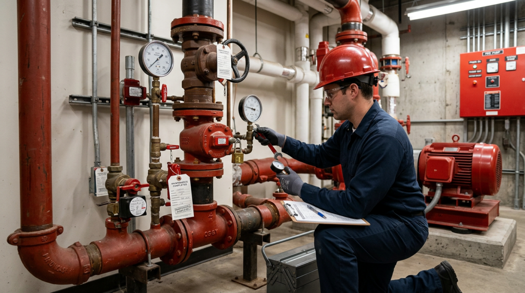 Fire protection maintenance and repair technician checking gauges and valves on fire protection equipment