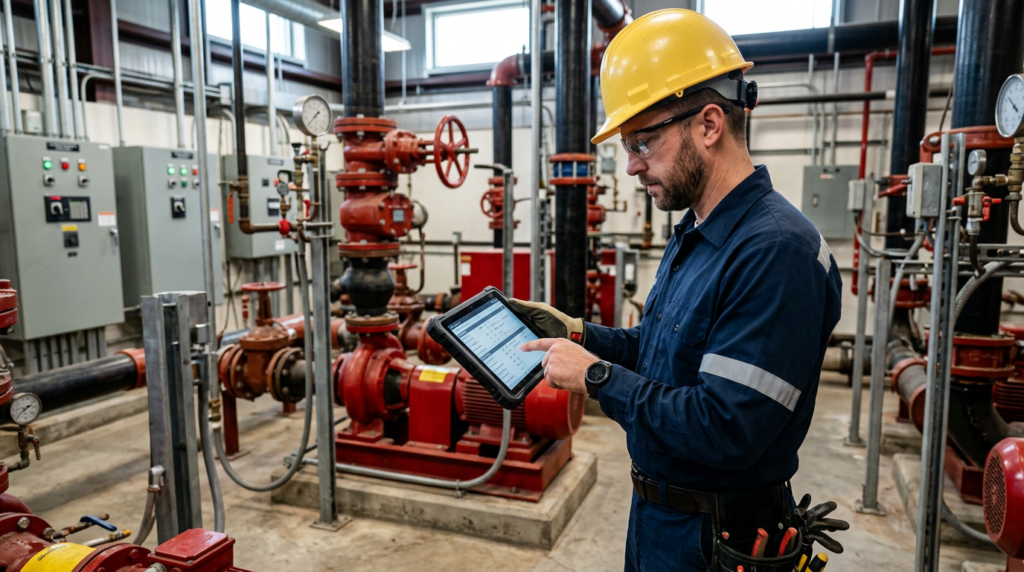 maintenance and repair technician reviewing service priorities and deficiencies on a tablet