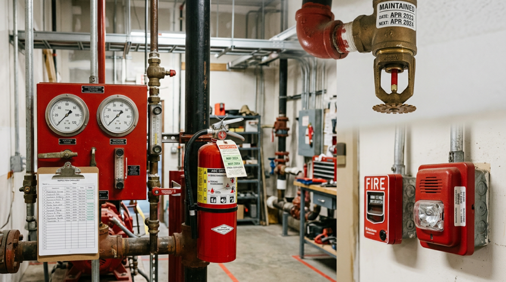 maintenance and repair sprinkler head alarm device fire pump gauge and extinguisher in one composition
