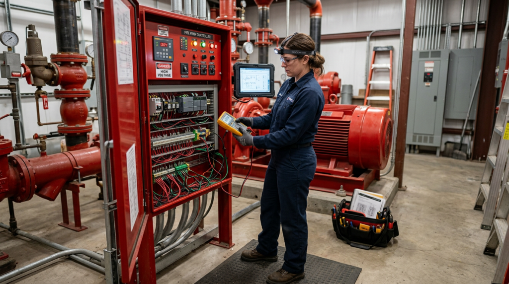 #1 Fire Pump Repair and Maintenance in Las Vegas 8 technician using diagnostic tools at a fire pump controller
