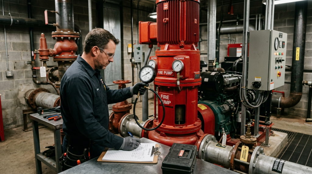 #1 Fire Pump Repair and Maintenance in Las Vegas 9 technician verifying fire pump pressure and test readings