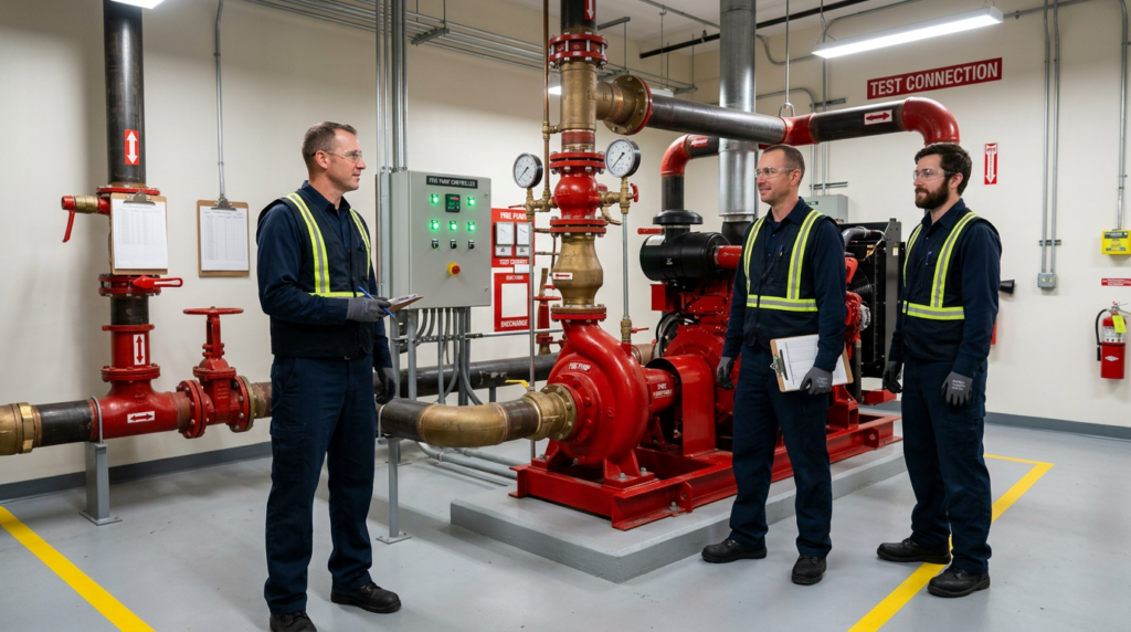#1 Fire Pump Repair and Maintenance in Las Vegas 13 technicians in a clean compliant fire pump room after service