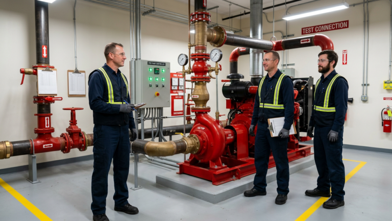 technicians in a clean compliant fire pump room after service