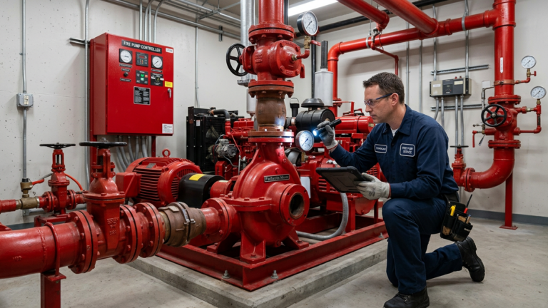 technician inspecting a large fire pump assembly in a mechanical room