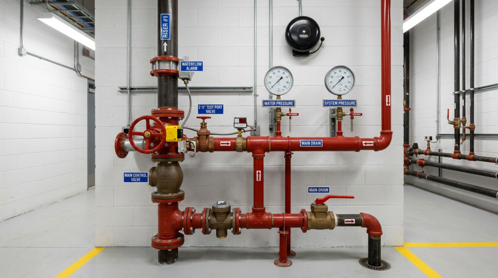 well-maintained code-compliant fire sprinkler riser room with valves and gauges