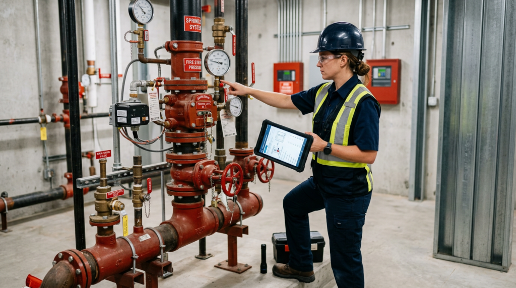 Fire sprinkler system maintenance technician inspecting sprinkler riser gauges and valves with a tablet