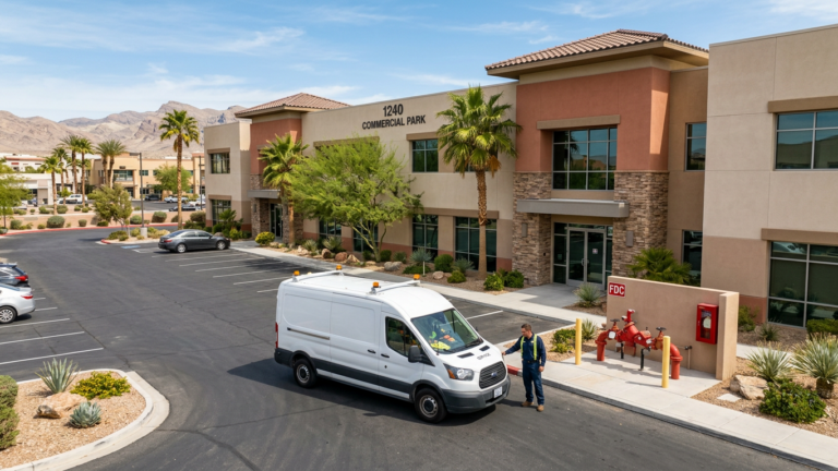 fire sprinkler system repair commercial building exterior with technician arriving for fire sprinkler service in Southern Nevada
