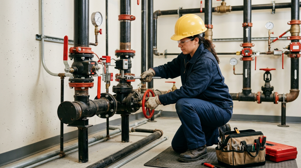 fire sprinkler system service technician repairing or maintaining sprinkler piping and control valves