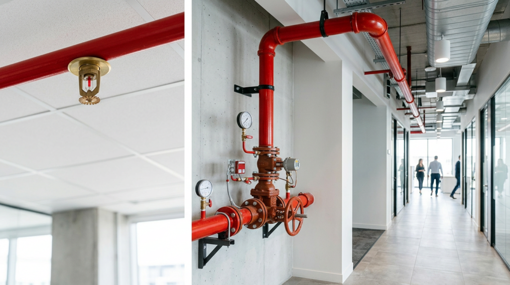Fire Sprinkler System Repair sprinkler heads control valve assembly and red piping in a commercial building