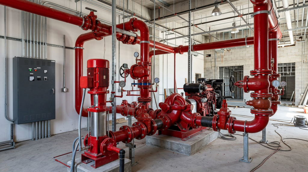 fire pump room under construction with valves gauges and red piping
