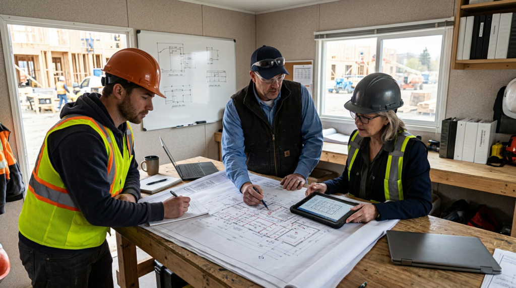 new construction fire protection service pre-construction fire protection planning meeting with blueprints and contractors