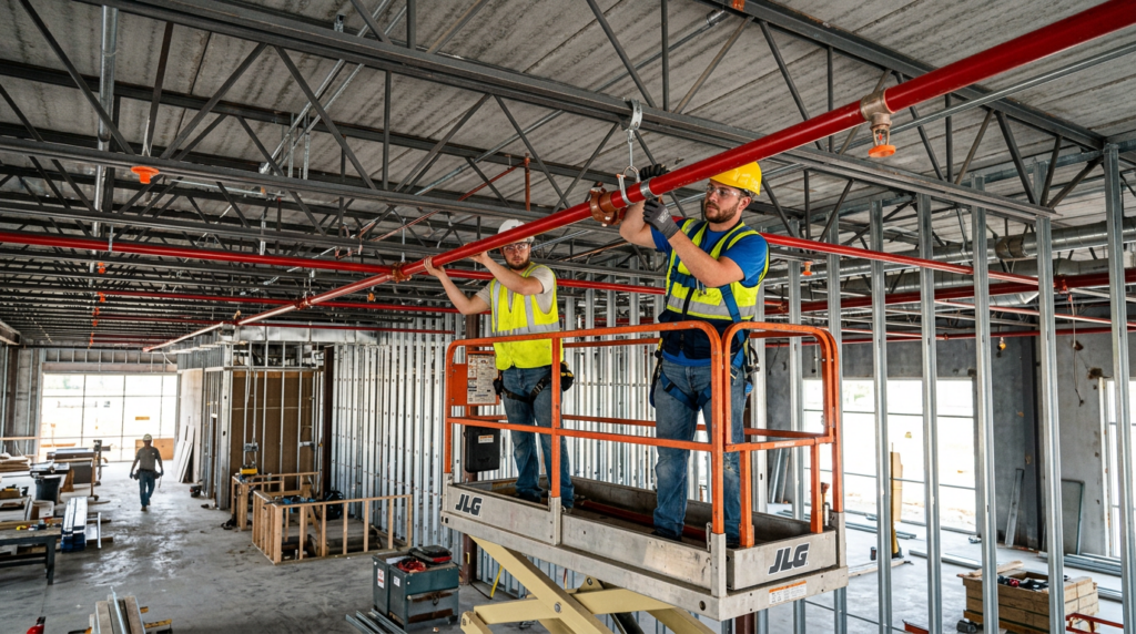 Fire Protection Services Las Vegas technicians installing fire sprinkler piping in an unfinished commercial building