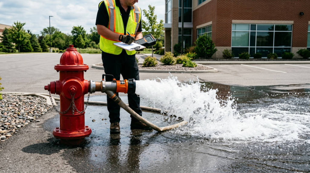 #1 Private Fire Hydrant Service in Las Vegas 11 Las vegas private fire hydrant service hydrant flow test with water discharging through a diffuser
