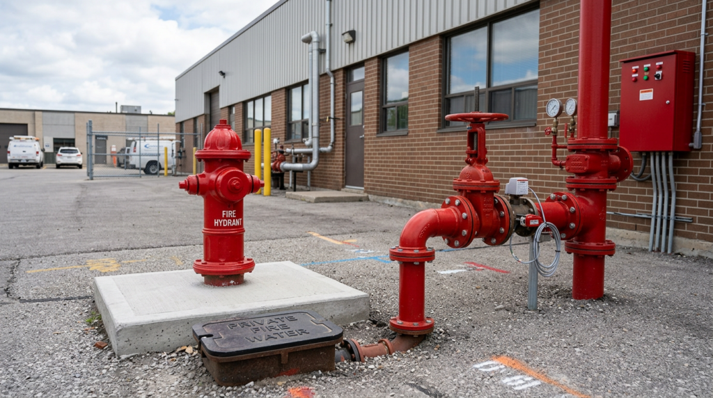 #1 Private Fire Hydrant Service in Las Vegas 13 hydrant connected with broader fire protection infrastructure at a commercial facility