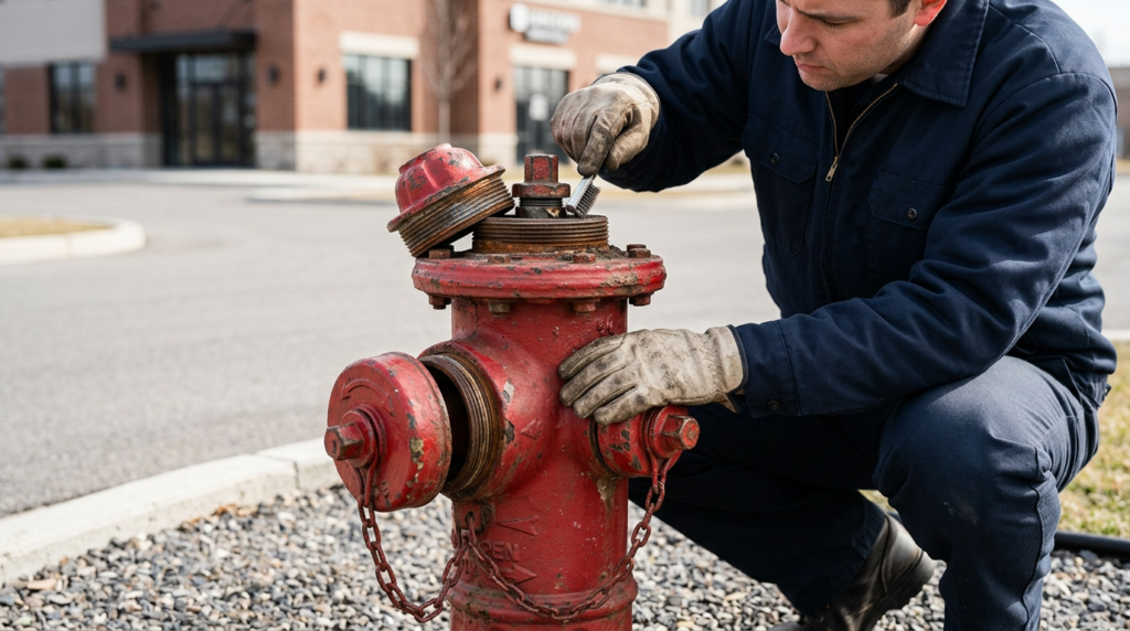 #1 Private Fire Hydrant Service in Las Vegas 9 private fire hydrant inspection technician inspecting hydrant caps operating nut and visible wear points