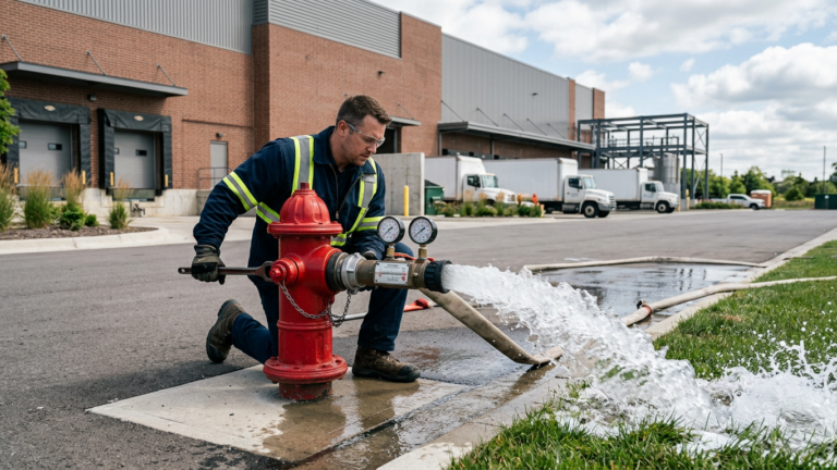 technician performing a flow test on a private fire hydrant at a commercial property