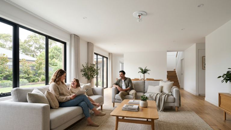 discreet residential fire sprinkler head in a modern living room