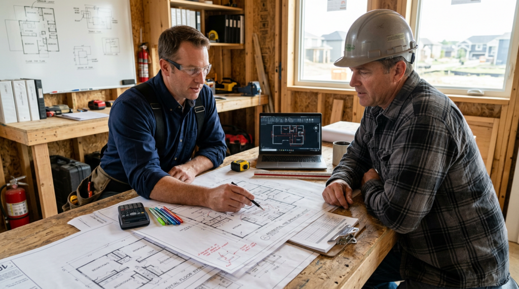 #1 Residential Fire Protection Service in Las Vegas 9 residential fire sprinkler service specialist reviewing residential sprinkler plans with a builder