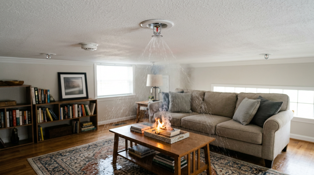 #1 Residential Fire Protection Service in Las Vegas 7 residential fire protection services - sprinkler head showing localized response in a home interior
